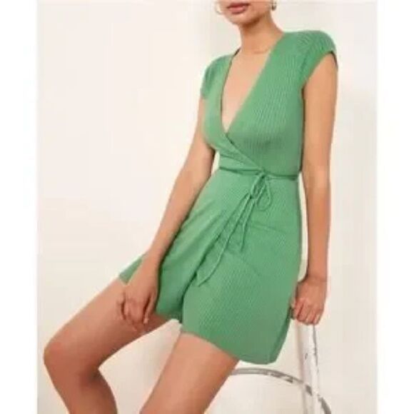 Reformation Green Ribbed Wrap Sundress Size S - Picture 1 of 8